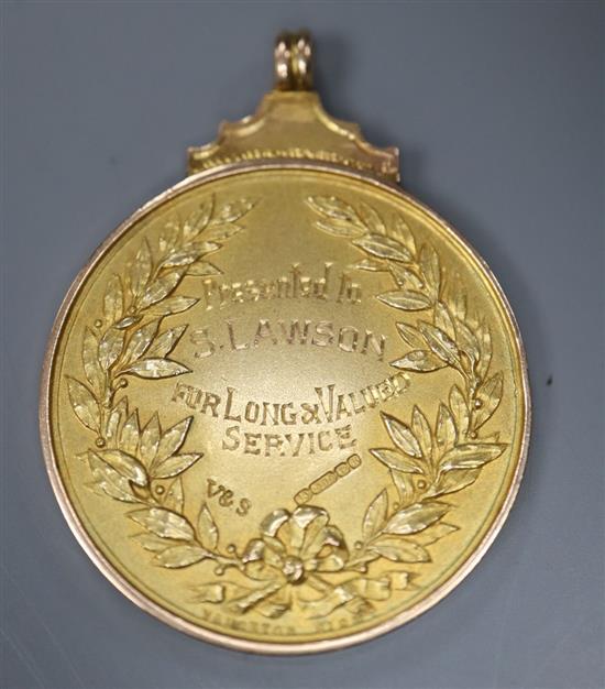 A 1930s 9ct gold Staffordshire Football Association pendant medal, presented to S.Lawson for long and valued service,
